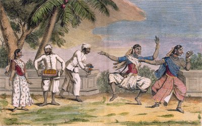 बेयर्डेस की एक मंडली, या भारतीय नृत्य करने वाली लड़कियों, पुरुष संगीतकारों के साथ, &39;वॉयज़ ऑक्स इंड्स एट ए ला चाइन&39; का चित्रण, पोइसन द्वारा उकेरा गया, 1782 (रंग उत्कीर्णन) द्वारा पियरे सोनारत