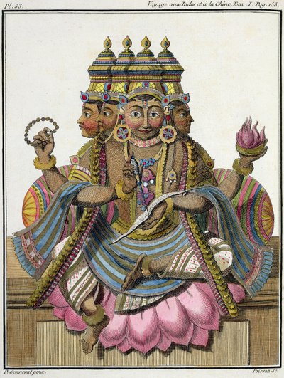 ब्रह्मा, सृजन के हिंदू देवता, पियरे सोनारैट द्वारा &39;जर्नी टू इंडिया एंड चाइना&39; से, पोइसन द्वारा उत्कीर्ण, 1782 में प्रकाशित द्वारा पियरे सोनारत