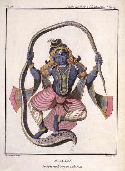पियरे सोनारट द्वारा &39;जर्नी टू इंडिया एंड चाइना&39; से कालिया नाग पर कृष्ण नृत्य, पोइसन द्वारा उत्कीर्ण, 1782 में प्रकाशित द्वारा पियरे सोनारत