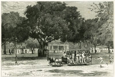 ट्राम, घोड़ों द्वारा शूटिंग, पारा (ब्राजील) के बंदरगाह में, नासरत के लार्गो पर। "अमेज़ॅन और कॉर्डिलरेस" कहानी को चित्रित करने के लिए विग्नल द्वारा उत्कीर्णन द्वारा पियरे विग्नल