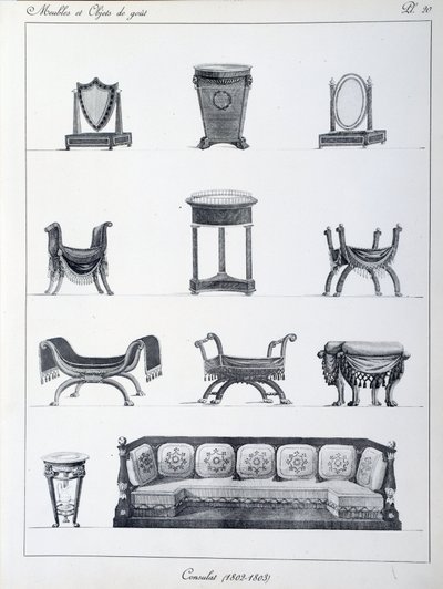 अवधि के फर्नीचर वाणिज्य दूतावास (1802-1803)। पियरे डे ला मेसांगेरे (1761-1831) द्वारा संग्रह "" फर्नीचर और स्वाद की वस्तुओं का संग्रह "" से लिया गया प्लेट। पेरिस। सजावटी कला द्वारा पियरे डे ला मेसांगेरे
