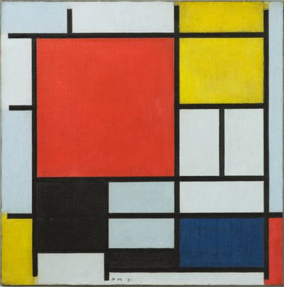 बड़े लाल विमान, पीले, काले, ग्रे और नीले, 1921 के साथ रचना द्वारा Piet Mondrian