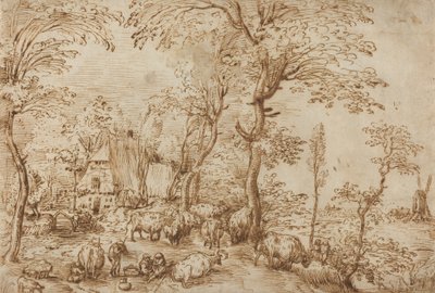 फार्महाउस के पास किसान और मवेशी, c.1553-54 (कागज पर कलम और भूरी स्याही) द्वारा पीटर ब्रिगेल द एल्डर