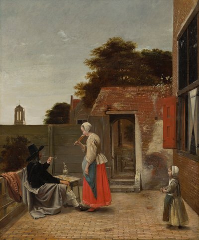 एक आदमी धूम्रपान और एक औरत एक आंगन में पीना, c.1658-60 द्वारा पीटर डी हूच