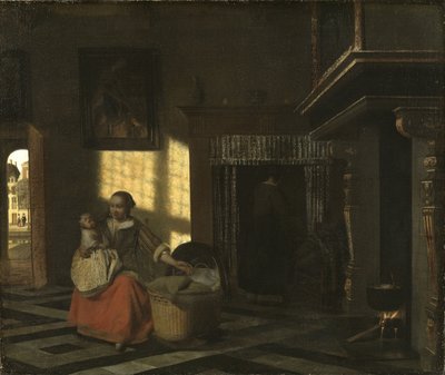 हूच, पीटर, डी (1629-1684) द्वारा एक पालने के करीब एक माँ के साथ इंटीरियर। कैनवास पर तेल, सीए 1665। आकार: 54x65 सेमी। राष्ट्रीय संग्रहालय स्टॉकहोम द्वारा पीटर डी हूच