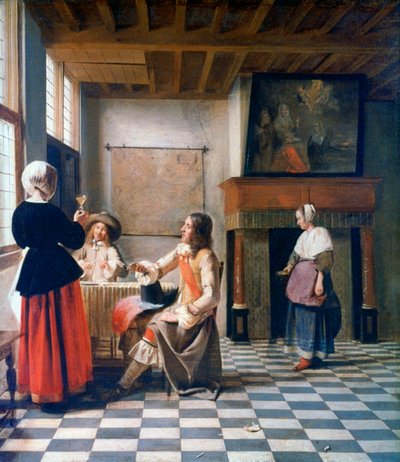 इंटीरियर, दो पुरुषों के साथ पीने वाली महिला, और एक नौकरानी, c1658 द्वारा पीटर डी हूच
