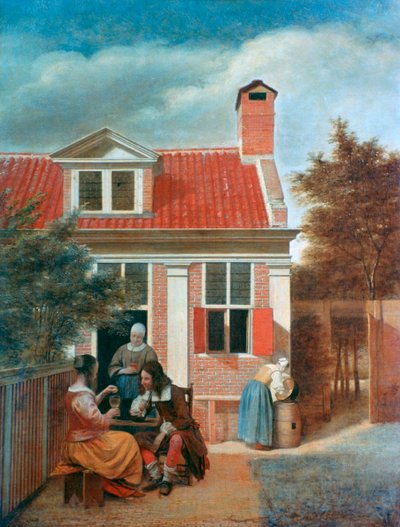 एक सभा के पीछे एक आँगन में तीन महिलाएँ और एक आदमी, c1657-1659 द्वारा पीटर डी हूच