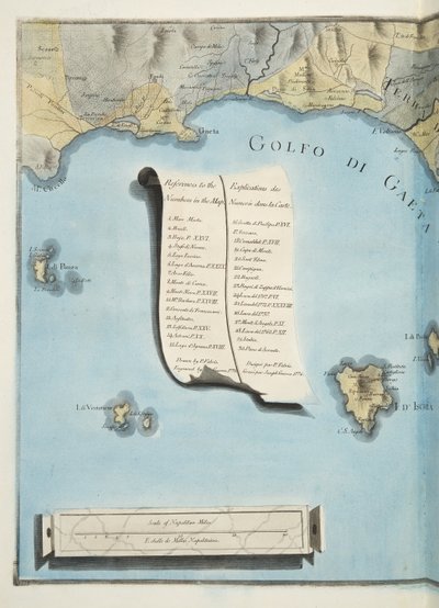सर विलियम हैमिल्टन (1730-1803) द्वारा &39;कैम्पी फलेग्रेई: ऑब्जर्वेशन ऑफ द टू सिसलीज&39; से गीता की खाड़ी का नक्शा (1730-1803), 1776 (हाथ के रंग का उत्कीर्णन) प्रकाशित द्वारा पिएत्रो फैब्रिस
