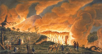 11 मई 1771 को हैमिल्टन की अपनी स्मारकों की मेजों को एस्कॉर्ट करते हुए देखें, वेसुवियस के महान विस्फोट से लावा प्रवाह का निरीक्षण करने के लिए, प्लेट 38 &39;कैम्पी फलेग्रेई: वें के ज्वालामुखी पर अवलोकन द्वारा पिएत्रो फैब्रिस