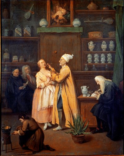 फार्मासिस्ट। पिएत्रो लोंगी (1702-1785) द्वारा पेंटिंग। 1752 (अग्रभूमि में एल'एलो वेरा) गैलेरिया डेल'एकेडेमिया, वेनिस। द्वारा पिएत्रो लोंगी
