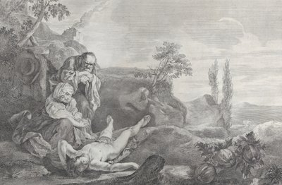 बाईं ओर आदम और हव्वा, एक वृद्ध दंपत्ति के रूप में, हाबिल की लाश पर विलाप करते हुए, जो..., 1743-63 में लेटा हुआ है। द्वारा पिएत्रो मोनाको