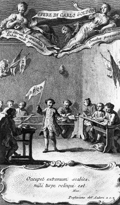 1761 में एंटोनियो बाराती द्वारा उत्कीर्ण &39;ओपेरे दी कार्लो गोल्डोनी&39; से, कार्लो गोल्डोनी ने पेरुगिया के जेसुइट स्कूल में अपने वर्ष के जश्न में एक झंडा फहराया। द्वारा पिएत्रो नॉवेल्ली