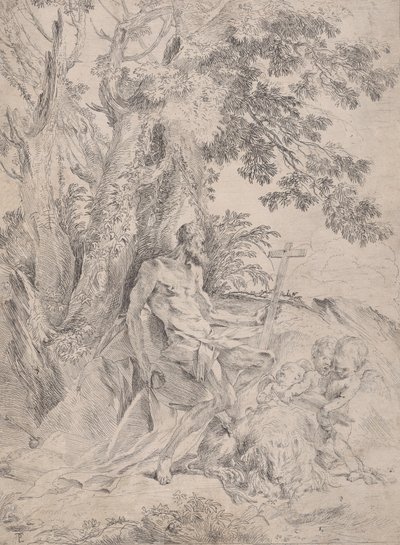 सेंट जेरोम एक सूली पर चढ़ने से पहले एक शेर और तीन पुट्टी के साथ, ca. 1631-37। द्वारा पिएत्रो टेस्टा
