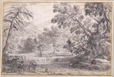 एक वुडेड रिवर लैंडस्केप, लगभग 1650 (कागज़ पर ग्रे वॉश के साथ काली चाक, ब्रश और ग्रे स्याही) द्वारा पिएत्रो दा कोर्टोना