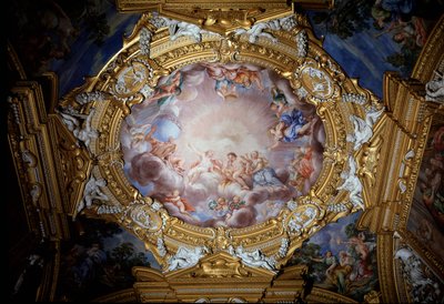 Cosimo I de Medicis (टस्कनी का Cosimo I) (1519-1574) अपोलो से पहले ग्लोरी और सदाचार के माध्यम से गाइड (Cosimo I de Medici, टस्कनी के ग्रैंड ड्यूक ने ग्लोरी और पुण्य द्वारा अपोलो के सामने नेतृत्व किया) फ्रेस्को द्वारा Pietro da Cortona (Berretini) (१५९६-१६६ द्वारा पिएत्रो दा कोर्टोना