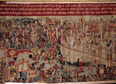 अफ्रीका की विजय: "" पुर्तगाली बेड़े द्वारा 1471 में मोरक्को में असिलाह (अर्जिला) पर कब्जा""" 16 वीं शताब्दी के पुर्तगाली स्कूल के टेपेस्ट्री का टुकड़ा। लिस्बन, प्राचीन कला का राष्ट्रीय संग्रहालय द्वारा पुर्तगाली स्कूल