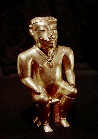 Precolombian कला, Quimbaya सभ्यता (कोलंबिया): सोने में बैठे मनुष्य की प्रतिमा, 400-1400 AD - बोगोटा, म्यूजियो डे ओरो, कोलंबिया - पूर्व-कोलंबियाई कला, Quimbaya सभ्यता (कोलंबिया), मानवरूपी चित्र: बैठा हुआ आदमी - स्वर्ण मूर्तिकला, 400 -1400 ईस्वी - एम द्वारा पूर्व कोलंबियन पूर्व कोलंबियन