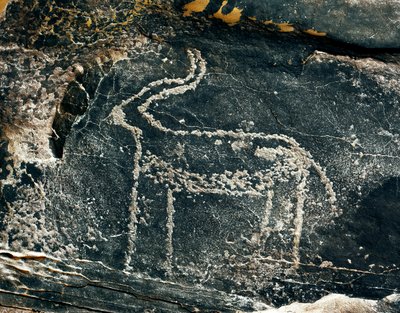 प्रागितिहास, रॉक कला: एक मृग के प्रतिनिधित्व की गंभीर चट्टान। पाषाण युग 5000-2000 ई.पू. तघित, हौट पठार डू होगर (अहगर), अल्जीरिया द्वारा प्रागैतिहासिक प्रागैतिहासिक