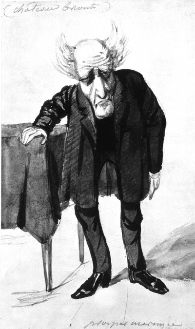 फ्रेंकोइस रेने फ्रांसीसी लेखक, चातेउब्रिआंड का विस्काउंट (1768-1848) फ्रांसीसी लेखक, प्रोस्पर मेरिमी द्वारा कार्टून (उत्कीर्णन) द्वारा समृद्ध मेरिमी