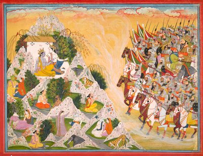 Jarasandha’s army advances toward Krishna and Balarama, folio from a Mahabharata द्वारा Purkhu