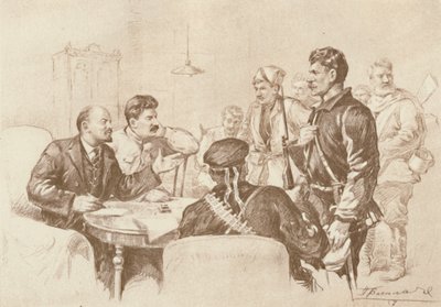 लेनिन और स्टालिन ने स्मॉलनी, 1917, 1939 में रेड गार्ड्स से बात की। द्वारा प्योत्र वसीलीव