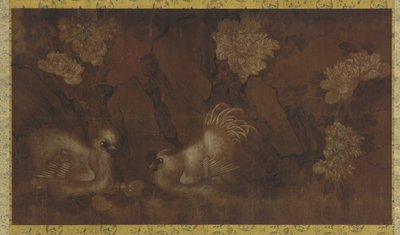 Peony shrubs के पास मुर्गा, मुर्गी और मुर्गियां (रेशम के पैनल पर स्याही और रंग) द्वारा Qing Dynasty Chinese School