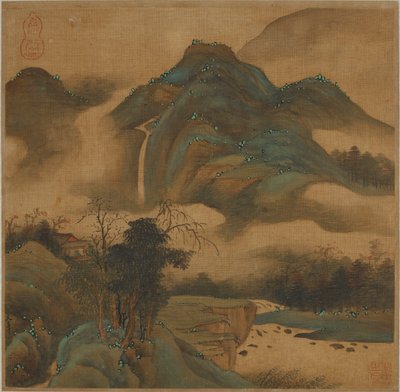 एक पहाड़ की झोपड़ी से झरने की ओर देखना द्वारा Qing Dynasty Chinese School