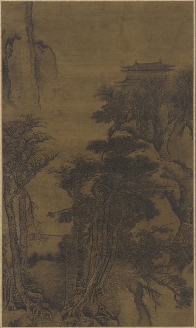 मंदिर और यात्रियों के साथ लैंडस्केप द्वारा Qing Dynasty Chinese School