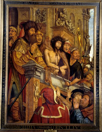 Ecce Homo Pontius Pilate (Pontius Pilatius) ने मसीह को यहूदियों की भीड़ के सामने पेश किया। क्वेंटिन मेट्सिस द्वारा पेंटिंग (1466-1530) (ईसी.फ्लैम।) 16 वीं शताब्दी का सूर्य। 1,6x1,2 मीटर मैड्रिड, मुसी डू प्राडो द्वारा क्वेंटिन मैसिस या मेट्सिस