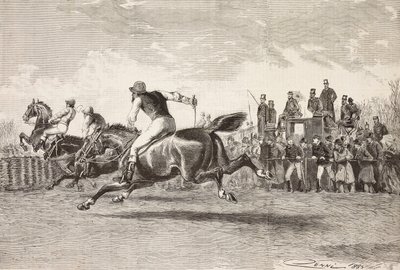 विला अरकोनाटी, कैस्टेलाज़ो, इटली के पार्क में घुड़दौड़, L'Illustrazione Italiana से क्विंटो सेनी द्वारा ड्राइंग से उत्कीर्णन, वर्ष 12, संख्या 50, दिसंबर 13 द्वारा क्विंटो सेनि