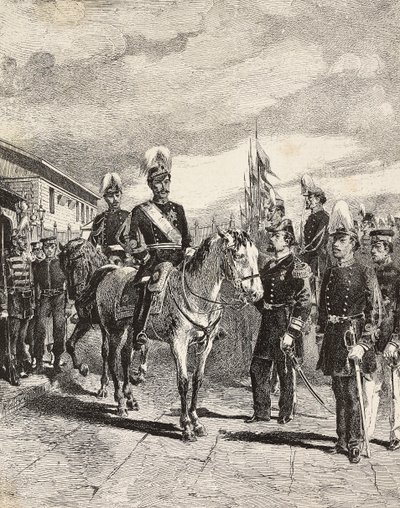 जापानी सेना: इन्फैंट्री सैनिक, चीफ ऑफ स्टाफ, मेजर जनरल, कैवेलरी, वाइस एडमिरल, इन्फैंट्री कप्तान, गनर, जापान, L'Illustrazione Italiana से क्विंटो सेनी द्वारा ड्राइंग से उत्कीर्णन, नंबर 17, अप्रैल 27 द्वारा क्विंटो सेनि