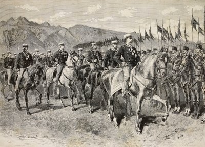 किंग अम्बर्टो I, फ्लोरेंस लांसर्स का निरीक्षण करते हुए, उनके पीछे जनरल मार्टिन डि मोंटू के साथ, 28 सितंबर, इटली के पोर्डेनोन में घुड़सवार अभ्यास, L'Illustrazione Italiana से क्विंटो सेनी द्वारा ड्राइंग से उत्कीर्णन, नंबर 41, अक्टूबर 12 द्वारा क्विंटो सेनि