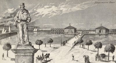 ग्यूसेप गैरीबाल्डी (1807-1882), इतालवी राजनेता और देशभक्त की स्मृति में स्मारक, और पृष्ठभूमि में स्नान प्रतिष्ठान, सेसेनाटिको, इटली द्वारा क्विंटो सेनि