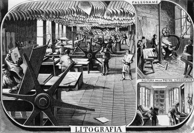 ट्रेव्स भाइयों के कार्यालय, लिथोग्राफ विभाग, मिलान, इटली, L'Illustrazione Italiana से क्विंटो सेनी (1845-1917) द्वारा चित्रण द्वारा क्विंटो सेनि