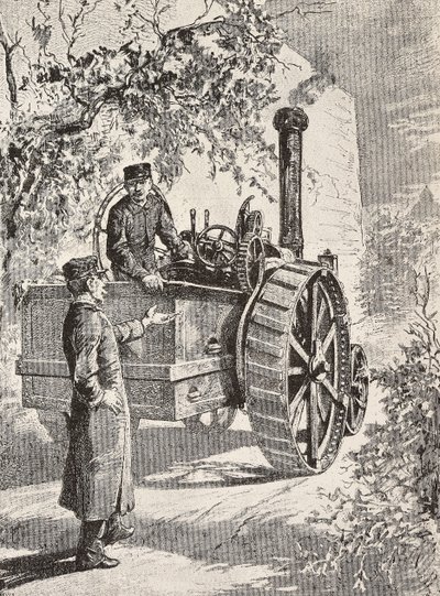 रोड लोकोमोटिव पर दो इतालवी सैन्य इंजीनियर, अपनी नई वर्दी में, L'Illustrazione Italiana से क्विंटो सेनी द्वारा ड्राइंग से उत्कीर्ण, वर्ष 12, संख्या 47, 22 नवंबर द्वारा क्विंटो सेनि