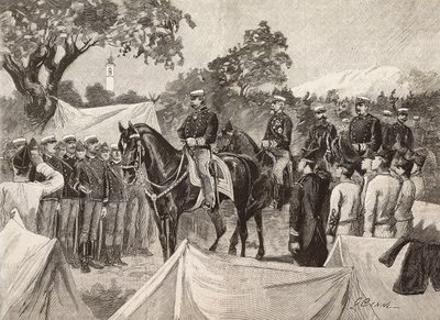 अम्बर्टो I (1844-1900), इटली के राजा, कुछ अधिकारियों के साथ, सैन्य शिविरों का दौरा, 11 सितंबर द्वारा क्विंटो सेनि