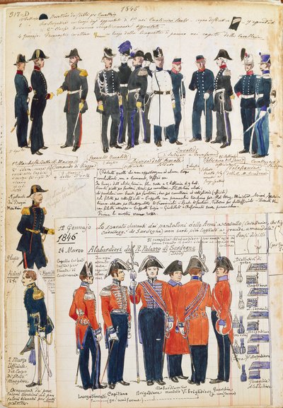 1845-1846 तक पीडमोंटी सेना की वर्दी। सेनी क्विंटो . द्वारा रंगीन प्लेट द्वारा क्विंटो सेनि
