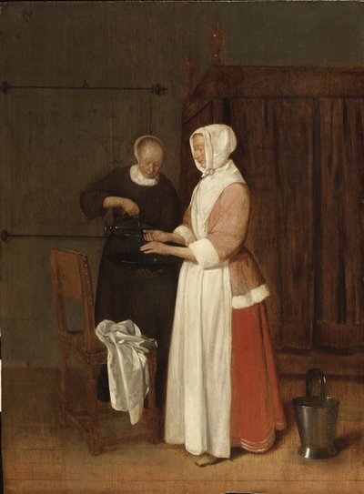 Une femme lave ses मेंस - एक महिला अपने हाथ धो रही है, Brekelenkam द्वारा, Quiringh van (ca 1622-ca 1669)। लकड़ी पर तेल द्वारा क्वेरिंग गेरिट्स। वैन ब्रेकेलेनकम