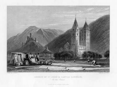 1838 में राइन पर चर्च ऑफ सेंट जॉन और कैसल लाहेक द्वारा आर। वालिस