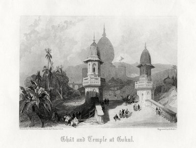 गोकुल में घाट और मंदिर, भारत, c1838। द्वारा आर। वालिस