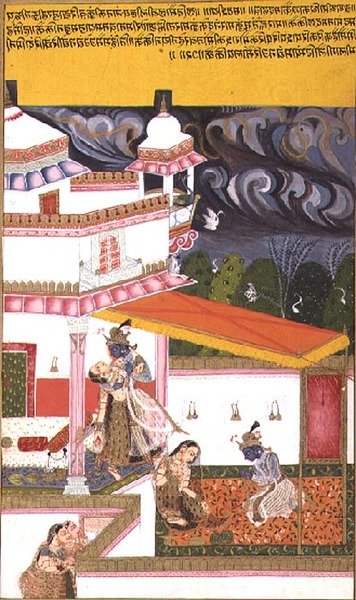 फोलियो 72. कृष्ण ने राधा को एक तूफान के रूप में 'केसवदास की रसिकप्रिय', बूंदी-कोटा जिला, राजस्थान से इकट्ठा किया द्वारा राजपूत स्कूल