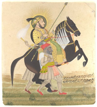 महाराणा संग्राम सिंह राइडिंग ए प्राइज स्टालियन, c.1712 (स्याही, अपारदर्शी जल रंग, कागज पर सोना और बसरा मोती) द्वारा राम जय