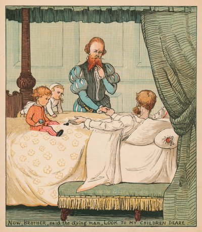 अब, भाई, मरते हुए आदमी ने कहा, लुक टू माई चिल्ड्रेन डायर, c1878। द्वारा रैंडोल्फ़ कैल्डेकॉट