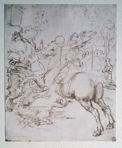 सेंट जॉर्ज एंड द ड्रैगन - ड्रॉइंग, c.1505 द्वारा राफेल