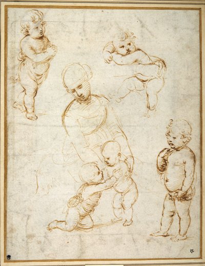 'मैडोना ऑफ द मीडो' के लिए अध्ययन, c.1505 (कागज पर कलम और भूरी स्याही) द्वारा राफेल