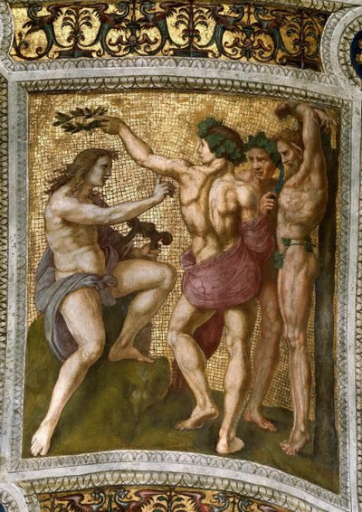 Marsyas और अपोलो। स्टेंज़ा डेला सेग्नतुरा में फ्रेस्को सीलिंग, सीए 1510-1511। द्वारा राफेल