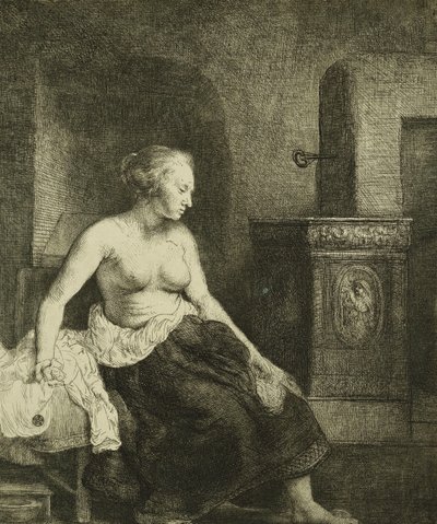 ए वूमेन सिटिंग हाफ-ड्रेस्ड बिसाइड ए स्टोव, 1658 द्वारा रिमब्रांड वैन रिजन