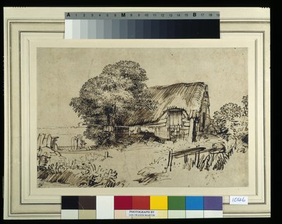 एक बड़े पेड़ द्वारा फूस की झोपड़ी, बाहर बैठी एक आकृति, c.1648-52 (कागज पर कलम और स्याही) द्वारा रेम्ब्रांट हर्मेंज़। वैन रिजन