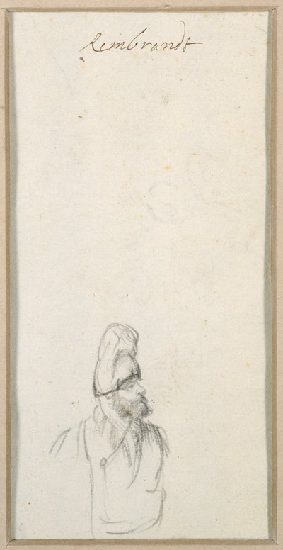 प्रोफ़ाइल में दाढ़ी वाला आदमी, ऊँची टोपी में, c.1640 (कागज पर काला चाक) द्वारा रेम्ब्रांट हर्मेंज़। वैन रिजन