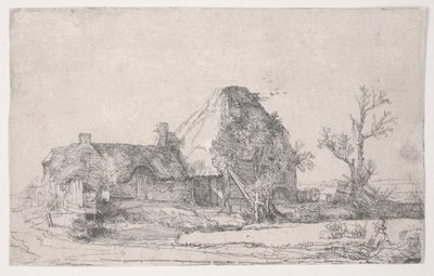 मैन स्केचिंग के साथ कॉटेज और फार्म बिल्डिंग, c.1645 (नक़्क़ाशी) द्वारा रिमब्रांड वैन रिजन